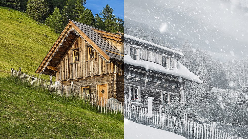 Transform a summer photo into a winter scene