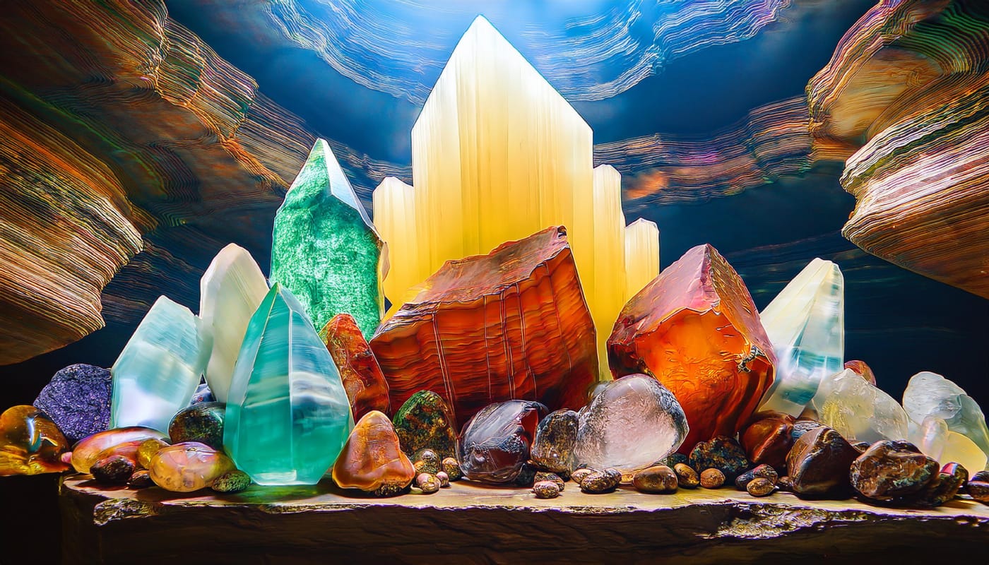 Mineral Splendor: A Macro Journey Through Crystals, Stones, and Craftsmanship Created with Adobe Firefly