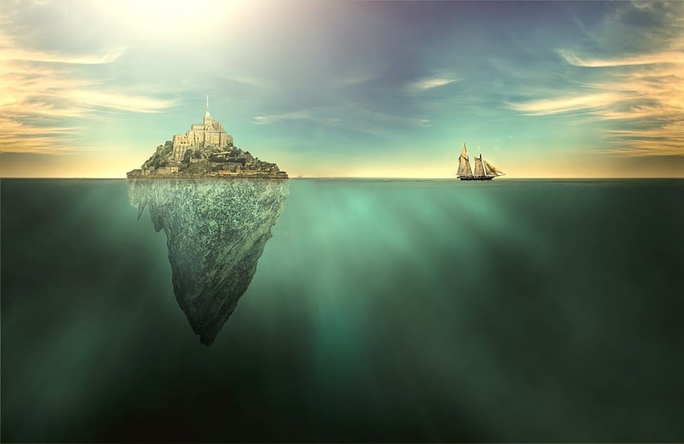 Create a surreal artwork of a city on an island in Photoshop